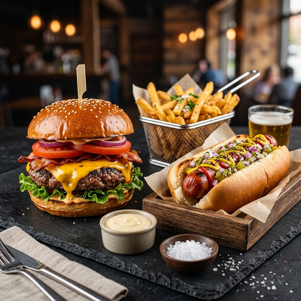 Juicy premium burger and loaded hot dog with crispy fries on dark background